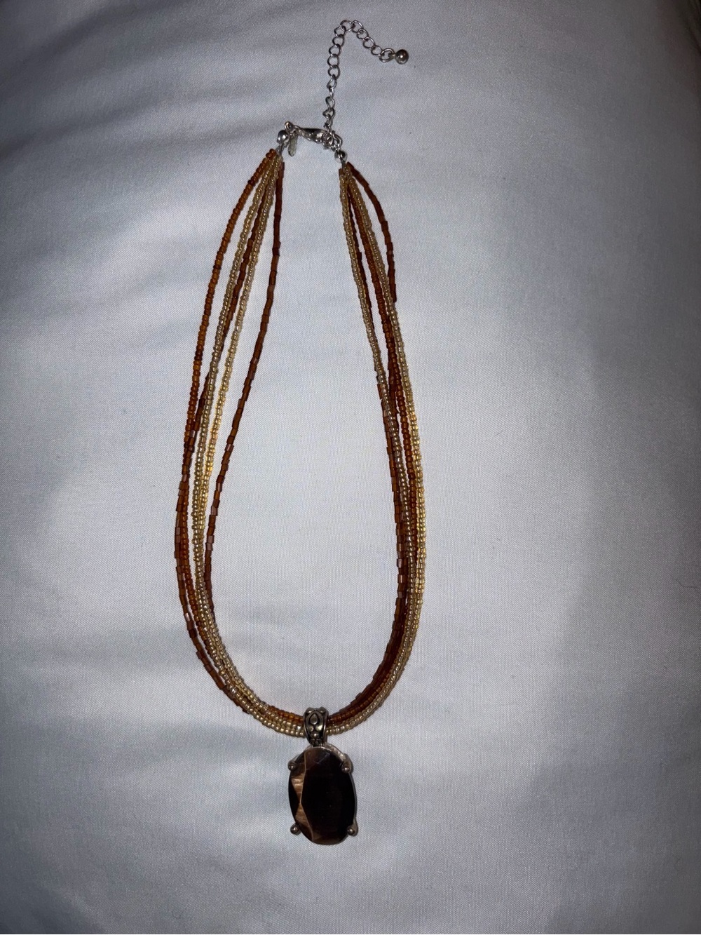 Multi Strand Seed Bead Necklace Brown Tan Pendant Silver-Tone Boho
